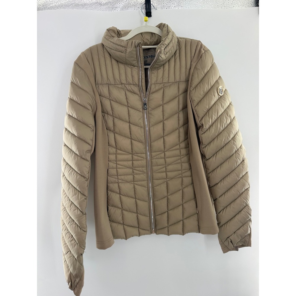 Bernardo Womens Puffer Jacket Mixed Media Quilted EcoPlume Tan Beige Large